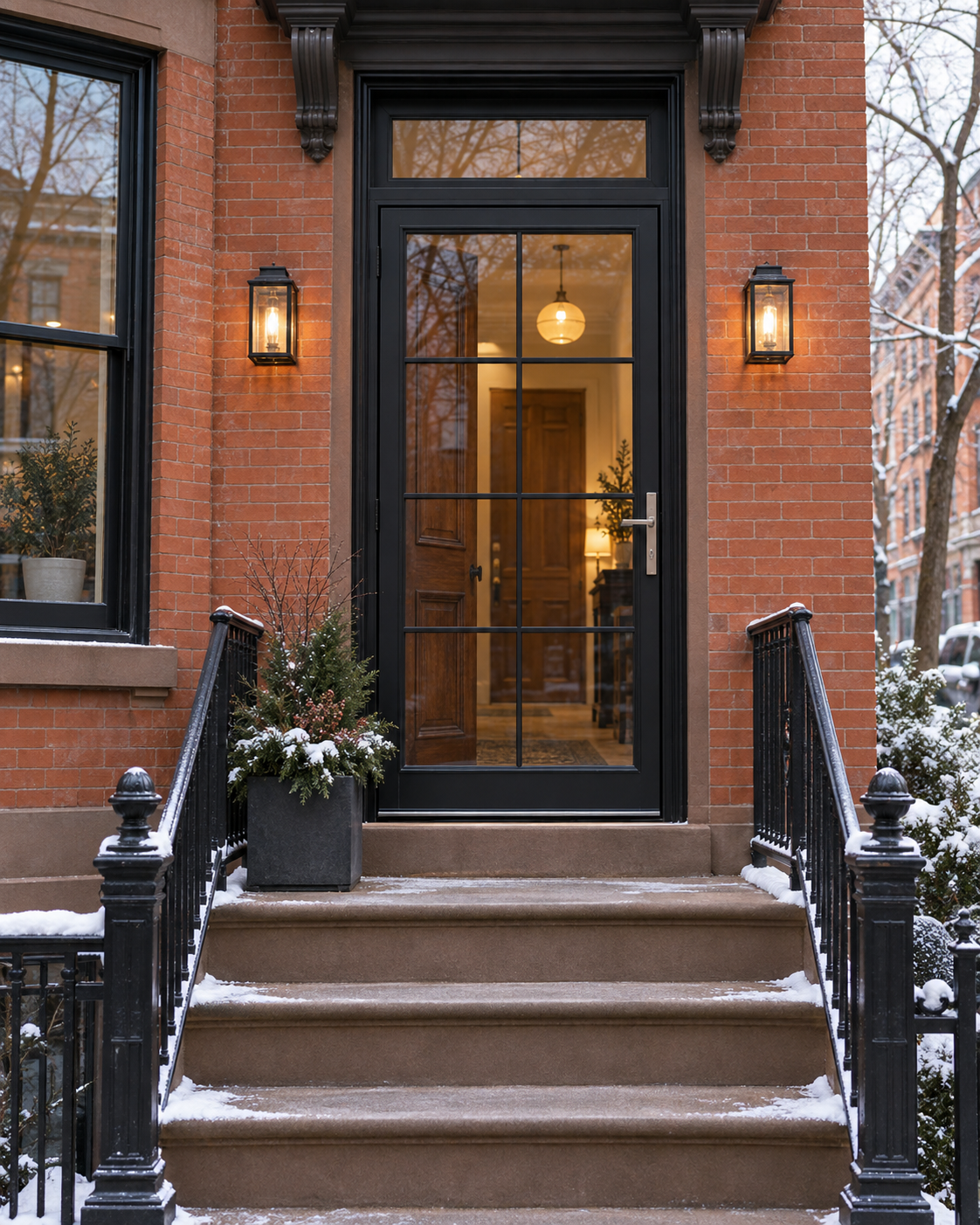 Illustrative residential entrance with a storm door