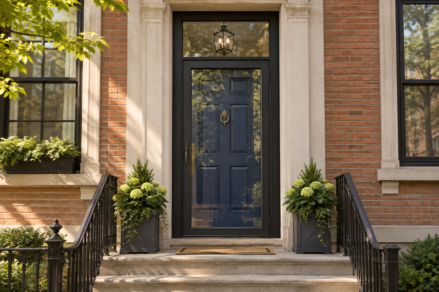 Welcoming townhouse entrance with a full-view storm door